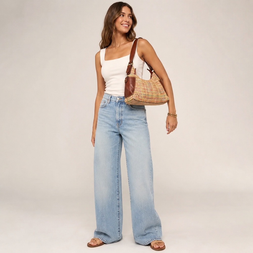 Fossil Woven Raffia Shoulder Bag Leather Trim Striped Lining ZB9733